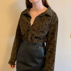 Corduroy long sleeve button up top floral pattern
